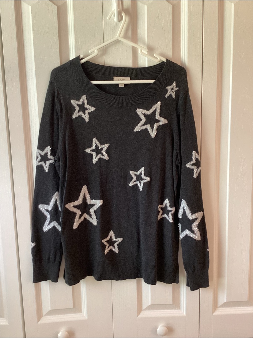 LOFT Black Sweater With Silver And White Stars Sz L - IEC
